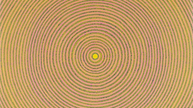 Image of artwork with yellow and darker concentric patterned circles 